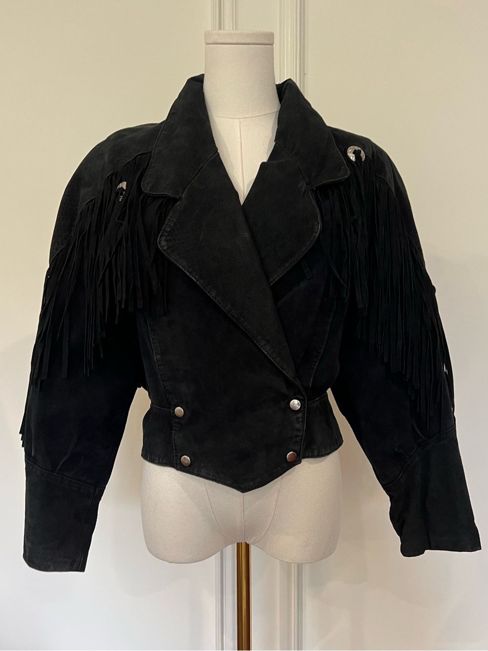 Vintage 80s Black Suede Fringe Concho Cropped Moto Biker Jacket Western S